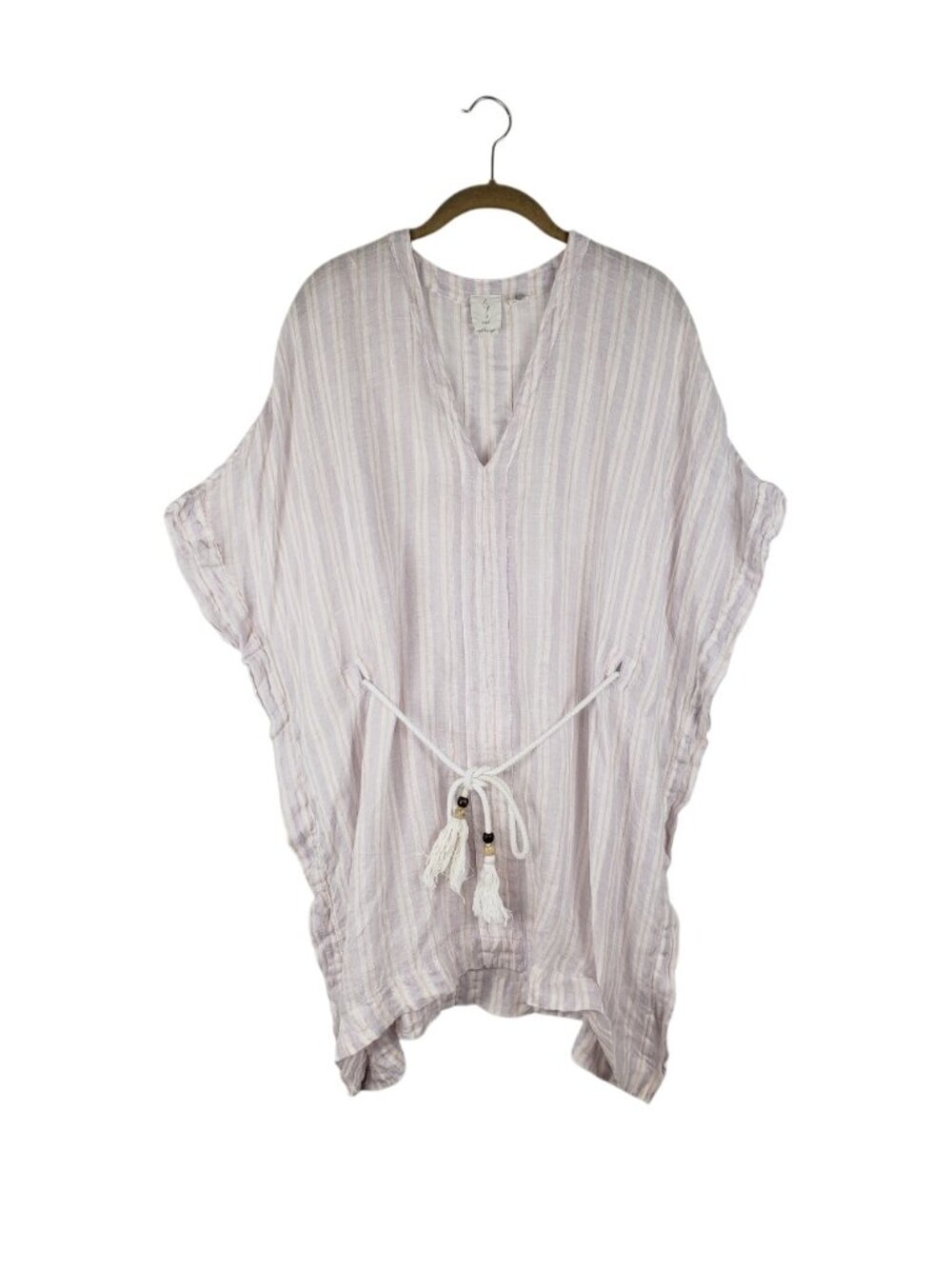Joie 100% Linen Poncho Tunic Top Coverup Rope Tie Waist Pink Stripe Womens Small